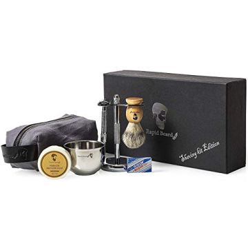 Shaving Kit for Men Wet Shave - Safety Razor with 10 blades, Shaving Badger Hair Brush, Sandalwood Shaving Soap Cream, Shaving Stand, Stainless Steel Bowl Mug, Canvas Dopp Kit - Gift Set