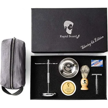 Shaving Kit for Men Wet Shave - Safety Razor with 10 blades, Shaving Badger Hair Brush, Sandalwood Shaving Soap Cream, Shaving Stand, Stainless Steel Bowl Mug, Canvas Dopp Kit - Gift Set