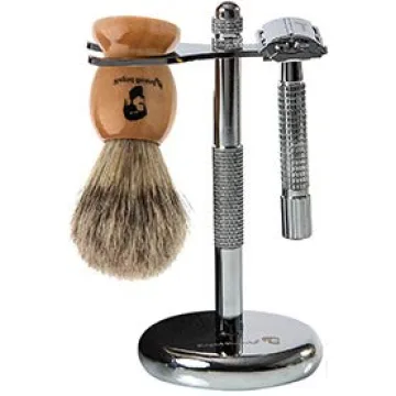Shaving Kit for Men Wet Shave - Safety Razor with 10 blades, Shaving Badger Hair Brush, Sandalwood Shaving Soap Cream, Shaving Stand, Stainless Steel Bowl Mug, Canvas Dopp Kit - Gift Set