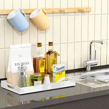 NIUBEE Acrylic Serving Tray 12x20 Inches -Spill Proof- White Decorative Tray Organiser for Ottoman Coffee Table Countertop with Handles