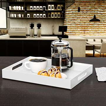 NIUBEE Acrylic Serving Tray 12x20 Inches -Spill Proof- White Decorative Tray Organiser for Ottoman Coffee Table Countertop with Handles