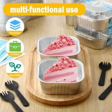 Sliner 100 Pcs 10 oz Mini Cake Pans with Lids Aluminum Foil Disposable Ramekins Mini Cake Cups with Spork Sticker Square Cupcake Cups Baking Tins for Kitchen Party Wedding Birthday(Silver)