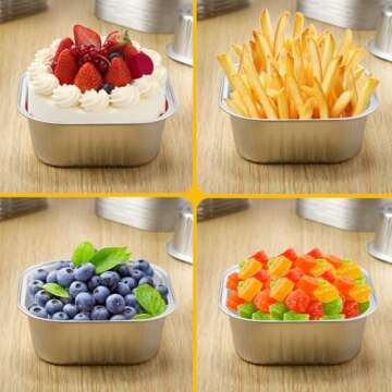 Sliner 100 Pcs 10 oz Mini Cake Pans with Lids Aluminum Foil Disposable Ramekins Mini Cake Cups with Spork Sticker Square Cupcake Cups Baking Tins for Kitchen Party Wedding Birthday(Silver)