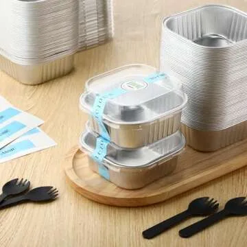 Sliner 100 Pcs 10 oz Mini Cake Pans with Lids Aluminum Foil Disposable Ramekins Mini Cake Cups with Spork Sticker Square Cupcake Cups Baking Tins for Kitchen Party Wedding Birthday(Silver)