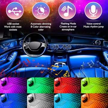 Car LED Strip Lights Christmas, 4Pcs 48 LED Interior Lights, Multicolor Music Car Strip Light Under ...