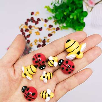 glacely 50 Pcs Tiny Resin Bees Ladybugs,Including 25 Pcs Resin Bee Ornaments 25 Pcs Resin Ladybugs D...