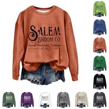 Halloween Sweatshirts for Women 2024 1692 Salem Broom Co Sweatshirt Graphic Crewneck Long Sleeve Hoo...
