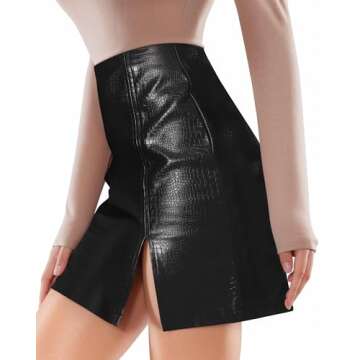 MANGOPOP Womens High Waist Bodycon Mini Short Faux Leather Skirt with Slit (Black (Snakeskin), Mediu...