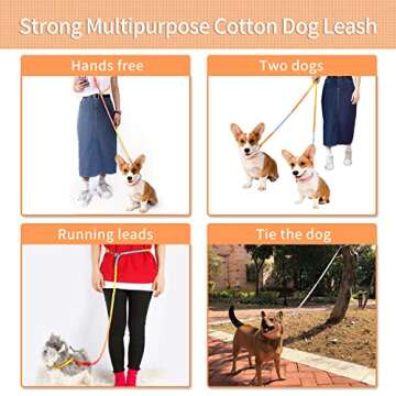 Tesitehi Multifunctional Rope Dog Leash 7.5 FT with Adjustable Double Swivel Hook Hands Free for Small Medium and Large Dogs Running Hiking Camping Walking (Colorful Rainbow)