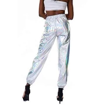 SIAEAMRG Womens Shiny Metallic High Waist Stretchy Jogger Pants, Wet Look Hip Hop Club Wear Holographic Trousers Sweatpant (Silver, M)