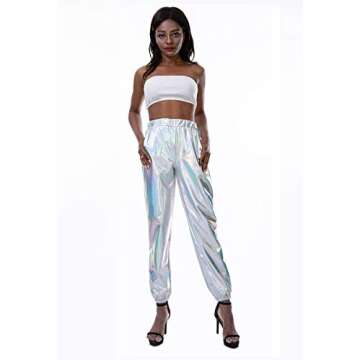 SIAEAMRG Womens Shiny Metallic High Waist Stretchy Jogger Pants, Wet Look Hip Hop Club Wear Holographic Trousers Sweatpant (Silver, M)