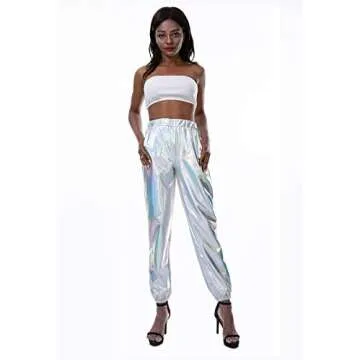 SIAEAMRG Womens Shiny Metallic High Waist Stretchy Jogger Pants, Wet Look Hip Hop Club Wear Holographic Trousers Sweatpant (Silver, M)