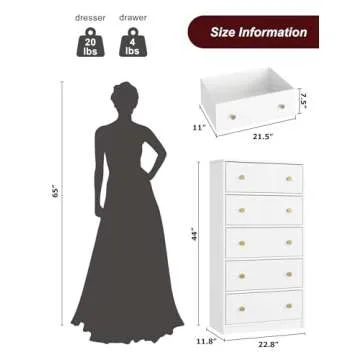 Nicehill White Dresser for Bedroom with 5 Drawers, Fabric Dresser Storage Tower, Chest of Drawers for Closet, Living Room, Hallway, Entryway, Woodeen Dresser（White）