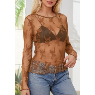 MEROKEETY Women's Lace Sheer Mesh Long Sleeve Blouse