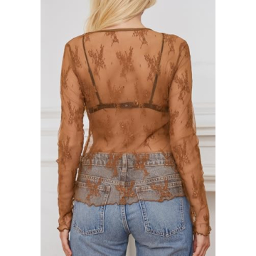 MEROKEETY Women's Lace Sheer Mesh Long Sleeve Blouse