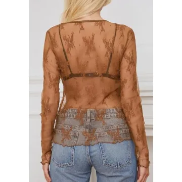 MEROKEETY Women's Lace Sheer Mesh Long Sleeve Blouse