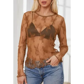 MEROKEETY Women's Lace Sheer Mesh Long Sleeve Blouse