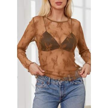 MEROKEETY Women's Lace Sheer Mesh Long Sleeve Blouse