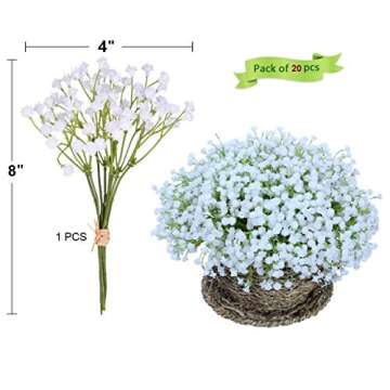 20 pcs 60 Branches White Babys Breath Flowers Bouquets Artificial Fake Gypsophila for Wedding Bridal Bouquet Garland DIY Floral Arrangement Wreath Home Office Table Décor Centerpiece Real Touch