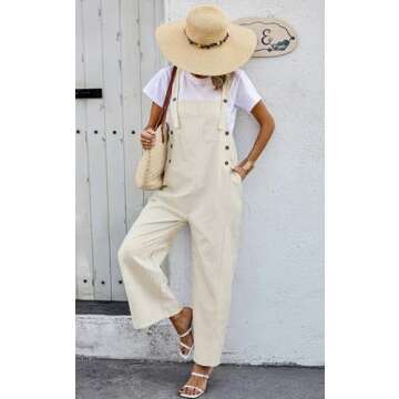 PRETTYGARDEN Summer Outfits For Women Striped Overall Jumpsuits 2025 Casual Wide Leg Strap Overalls Jumpers Button Lounge Clothing (Khaki Striped,M)