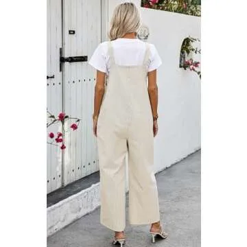 PRETTYGARDEN Summer Outfits For Women Striped Overall Jumpsuits 2025 Casual Wide Leg Strap Overalls Jumpers Button Lounge Clothing (Khaki Striped,M)