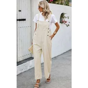 PRETTYGARDEN Summer Outfits For Women Striped Overall Jumpsuits 2025 Casual Wide Leg Strap Overalls Jumpers Button Lounge Clothing (Khaki Striped,M)