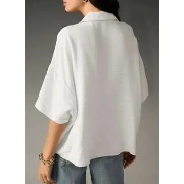 Astylish Women's Business Casual Tops Summer Flowy Short Sleeve Placket V Neck Oversized Fit Shirts Blouses White Large