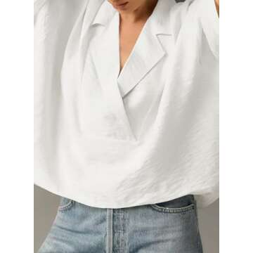 Astylish Women's Business Casual Tops Summer Flowy Short Sleeve Placket V Neck Oversized Fit Shirts Blouses White Large