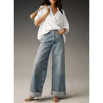 Astylish Women's Business Casual Tops Summer Flowy Short Sleeve Placket V Neck Oversized Fit Shirts Blouses White Large