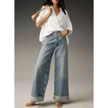 Astylish Women's Business Casual Tops Summer Flowy Short Sleeve Placket V Neck Oversized Fit Shirts Blouses White Large