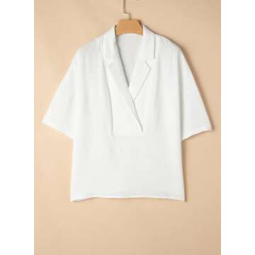 Astylish Women's Business Casual Tops Summer Flowy Short Sleeve Placket V Neck Oversized Fit Shirts Blouses White Large