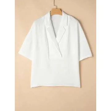 Astylish Women's Business Casual Tops Summer Flowy Short Sleeve Placket V Neck Oversized Fit Shirts Blouses White Large