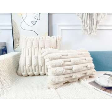 DRNOU Set of 2 Beige Faux Fur Throw Pillow Covers for Cozy Living Rooms