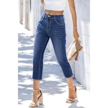 Sidefeel Jeans for Women Trendy 2025 High Waisted Stretchy Straight Leg Capri Denim Pants Blue Size 6