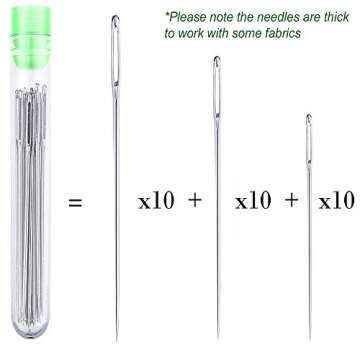 30 Large Eye Stitching Needles 1.6'' to 2.4'' Sizes Big Eye Hand Sewing Needles in Clear Storage Tub...