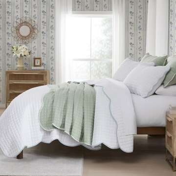 WDCOZY White Twin Size Quilt Bedding Set, Blue Scalloped Farmhouse Country Rustic Lightweight Soft C...