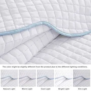 WDCOZY White Twin Size Quilt Bedding Set, Blue Scalloped Farmhouse Country Rustic Lightweight Soft Coverlet for All Season, Cute Cozy Kantha Pick Stitch Bedspread, 1 Pillow Shams