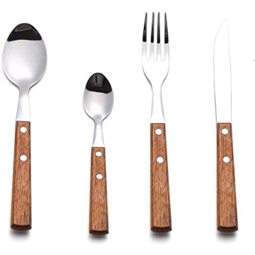 Elegant Forks and Spoons Silverware Set with Wooden Handles 16-Piece