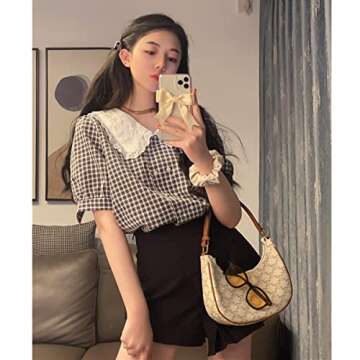 Korean Style Summer Shirts French Plaid Shirts Women's Doll Collar Puff Sleeve Tops(Photo Color,M)