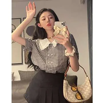 Korean Style Summer Shirts French Plaid Shirts Women's Doll Collar Puff Sleeve Tops(Photo Color,M)