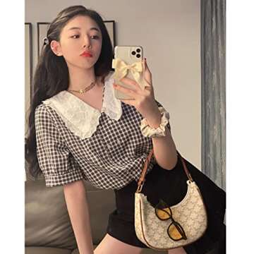Korean Style Summer Shirts French Plaid Shirts Women's Doll Collar Puff Sleeve Tops(Photo Color,M)