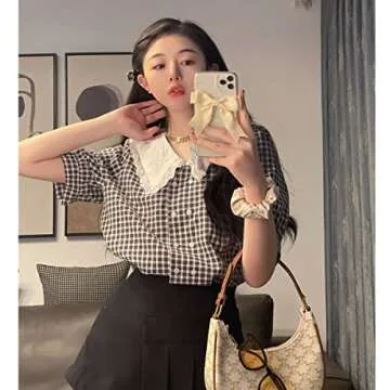 Korean Style Summer Shirts French Plaid Shirts Women's Doll Collar Puff Sleeve Tops(Photo Color,M)