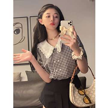 Korean Style Summer Shirts French Plaid Shirts Women's Doll Collar Puff Sleeve Tops(Photo Color,M)