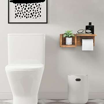 Wooden Toilet Paper Holder Wall Mount with Shelf - Farmhouse Bathroom Storage Rack for Tissue Rolls, Rustic Bathroom Decor Brown