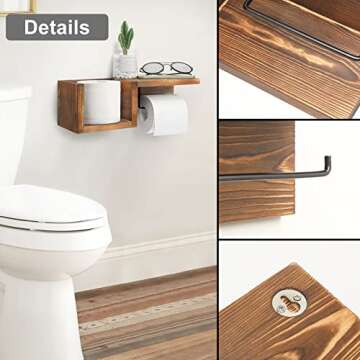 Wooden Toilet Paper Holder Wall Mount with Shelf - Farmhouse Bathroom Storage Rack for Tissue Rolls, Rustic Bathroom Decor Brown