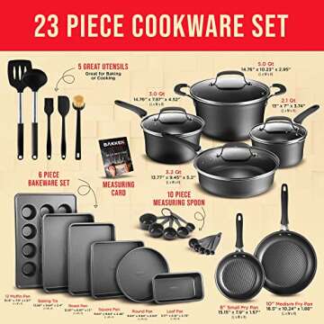 Cookware Set – 23 Piece –Black Multi-Sized Cooking Pots with Lids, Skillet Fry Pans and Bakeware...
