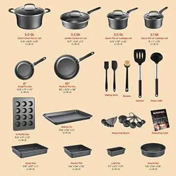 Cookware Set – 23 Piece –Black Multi-Sized Cooking Pots with Lids, Skillet Fry Pans and Bakeware – Reinforced Pressed Aluminum Metal - for Gas, Electric, Ceramic and Induction by BAKKEN Swiss