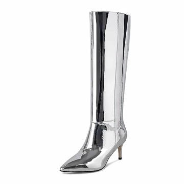 wetkiss Knee High Metallic Stiletto Boots for Women - Silver Pointed Toe Thigh High Boots With Wide ...