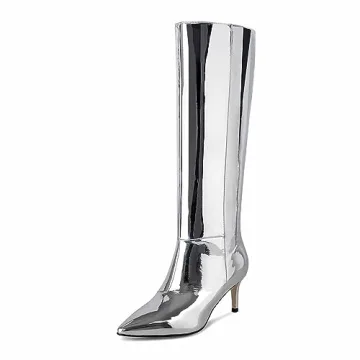 wetkiss Knee High Metallic Stiletto Boots for Women - Silver Pointed Toe Thigh High Boots With Wide ...