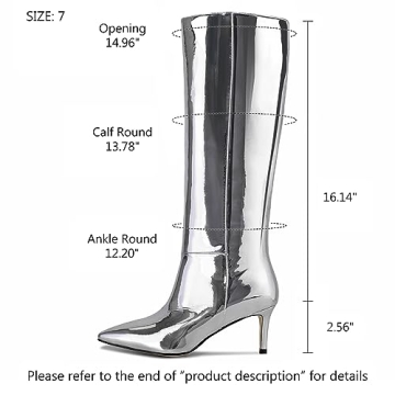 wetkiss Knee High Metallic Stiletto Boots for Women - Silver Pointed Toe Thigh High Boots With Wide Calf